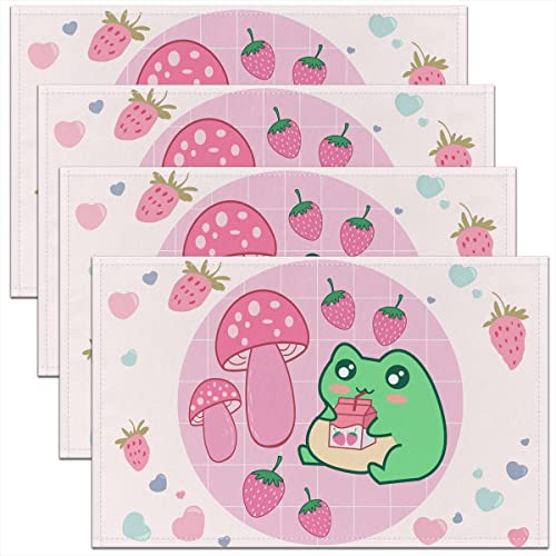 Pink Mushroom Placemats 12X18 Inch Set Of 4 Cute Cartoon Frog Watercolor Strawberry Place Mats For Kids Teens Girls Kawaii Wild Animal Rustic Style Kitchen Mats For Dining Table #TOP29