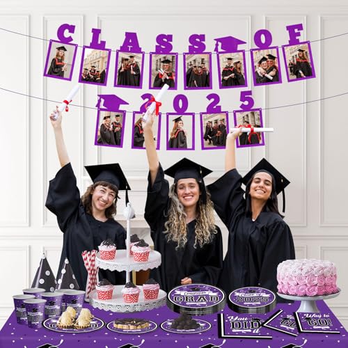 Image of Purple Graduation Photo Banner 2025 - Class of 2025 Glitter Picture Banner - Large 13 Feet Graduation Party Decorations for College High Middle School Kindergarten