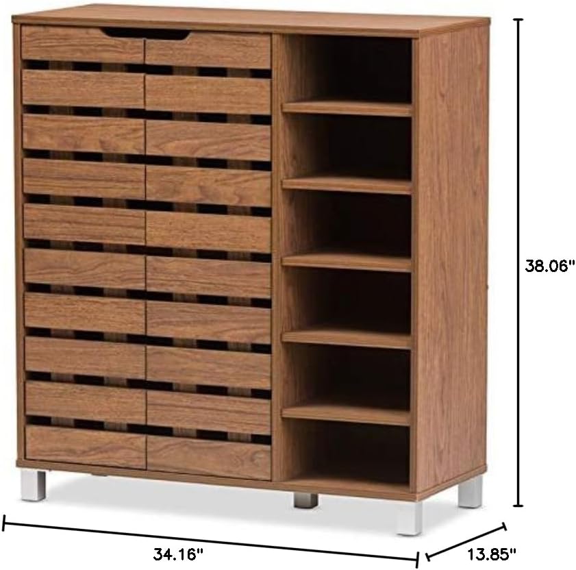 BOWERY HILL Modern Shoe Cabinet, Beech Wood, Walnut Finish, 2 Slatted Doors with Open Shelves, 38 in H x 34 in W x 14 in D, 24 Pair Capacity, Engineered Wood, Faux Veneer, Entryway or Bedroom Storage