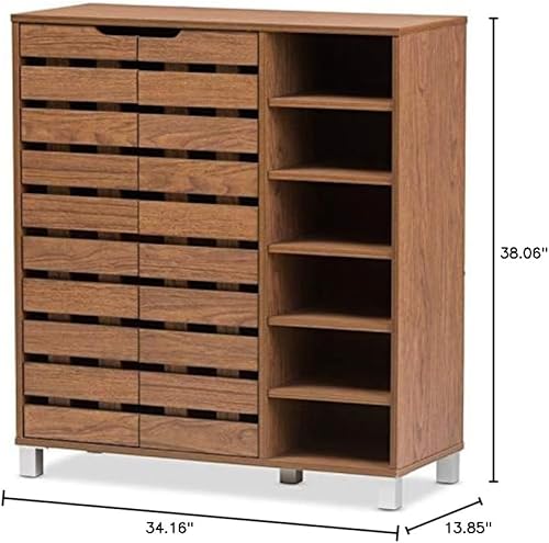 Miniatura 3 de BOWERY HILL Zapatero moderno y contemporáneo de madera de haya de 2 puertas con estantes abiertos, nogal