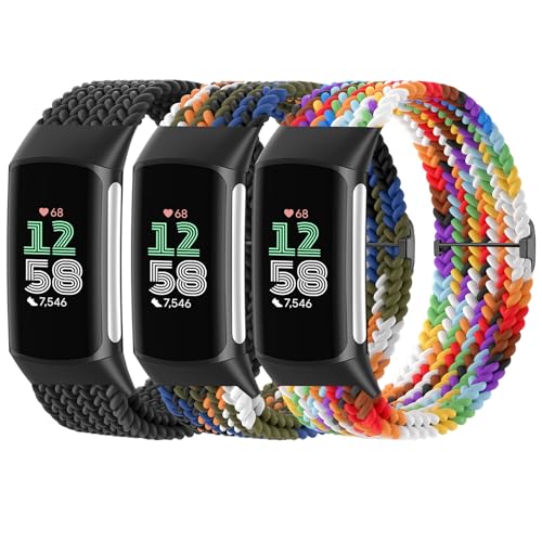 Braided Solo Loop Bands Compatible with Fitbit Charge 6/Charge 5, 3 Pack Adjustable Stretchy...