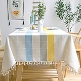 Smiry Rustic Farmhouse Linen Tablecloth, Embroidered Burlap Table Cloth with Tassel, Wrinkle...