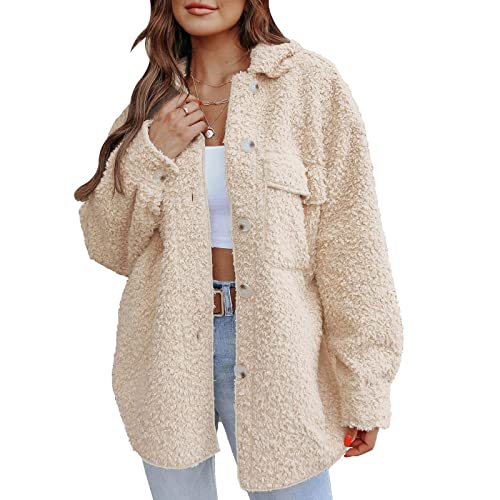 Teddy Coats For Women Winter Warm Fuzzy Fleece Midi Shacket Jacket Button Down Lapel Collar Long Sleeve Shirt Outwear #TOP1