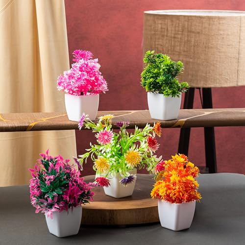 Image of JH Gallery Artificial Flower Pot - Home Decor, Indoor Plants for Home, Decorative Items for Office, Artificial Plants for Decoration, Plastic Flowers for Home Decor (Pack of 5)