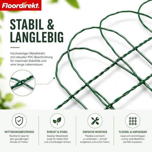 Floordirekt Beetzaun Metall, 65 cm x 10 m, Ziergeflecht, dekorative Beeteinfassung, Beetumrandung, Gartenzaun, Zaun zum Stecken, Drahtzaun, Zierzaun, kleiner Zaun für Garten