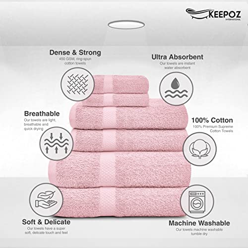 Keepoz Ultra Soft 6-Piece Premium Towel Set 2 Wash Cloths, 2 Hand Towels, 2 Bath Sheets 100% Ring Spun Cotton Super Absorbent Towels For Bathroom - Ideal For Everyday Use Gym, Hotel, And Salon (Pink) #TOP2