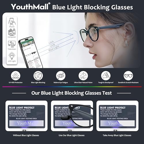 YouthMall Retro Oval Glasses for Women Men Fashion Round Blue Light Glasses 90s Fake Eyeglasses (Matte Black) — view 4