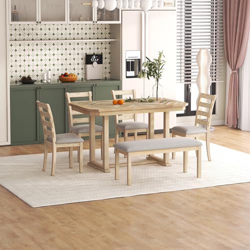 Dining-Table-Set-for-6-Rectangular-Dining-Table-with-Upholstered-Chairs-and-Bench-6-Piece-Table-Set-for-Dining-Room-and-Kitchen-Retro-Dining-Room-Table-Set-with-Bench-4-Chairs-Natural-Wood-Wash Dining Table Set for 6 Rectangular Dining Table with Upholstered Chairs and Bench 6 Piece Table Set for Dining Room and Kitchen Retro Dining Room Table Set with Bench 4 Chairs Natural Wood Wash