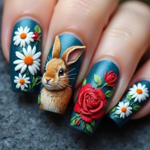 Floral Rabbit Press on Nails Long Coffin Shape Glossy Dark Blue F...