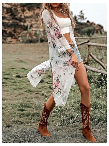 SHENHE Women's Summer Long Flowy Kimono Lace Trim Tie Front Floral Boho Beach Western Cardigan3