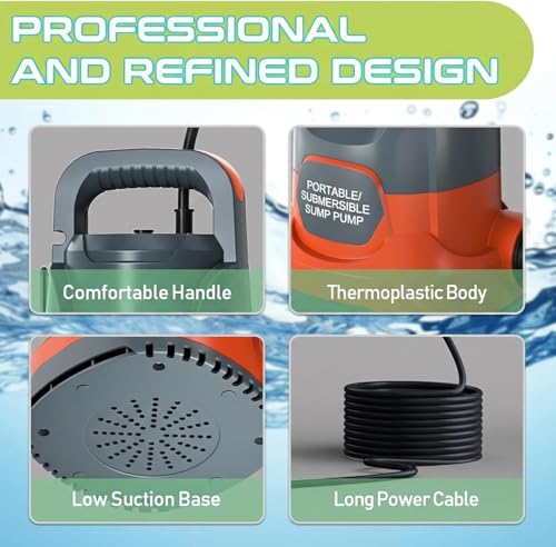 Image of Sump Pump 1HP Submersible Water Pump 3700GPH Electric Thermoplastic | Swimming Pool Draining Transfer Water From Hot Tub Basement Garden Ponds Low Water Level 16.4FT Power Cord Portable