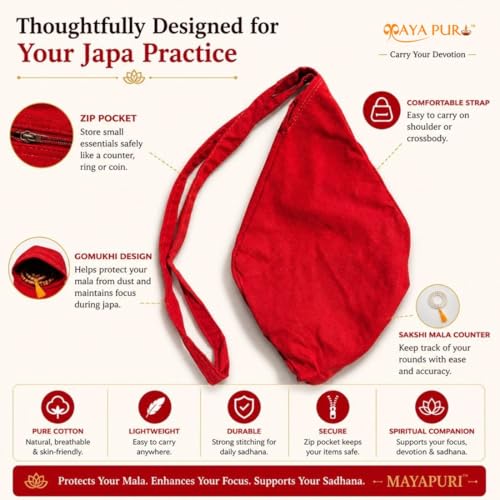 Image of Original Pure Cotton Gomukhi Japa Mala Bag /Chanting Bag or Beads Bag /Jholi /Thole with Zip Pocket and Sakshi Mala Counter (Red)