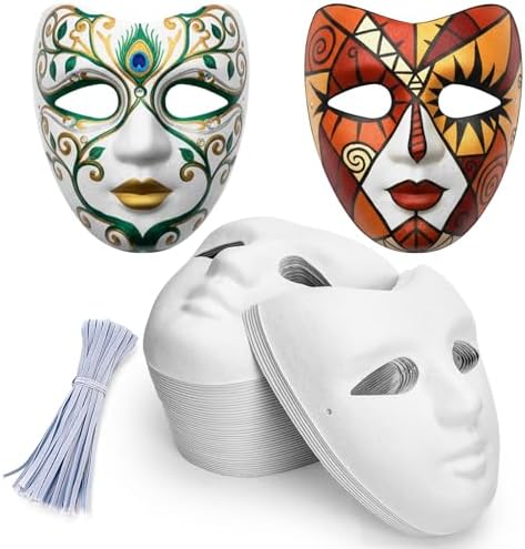 Nicunom 50 Pcs Paper Mache Mask, DIY Craft Full Face Masks Paint Masquerade Ball Mask White Adult Costume Masks for Halloween Mardi Gras Carnival Cosplay Dance Party Artistic Projects