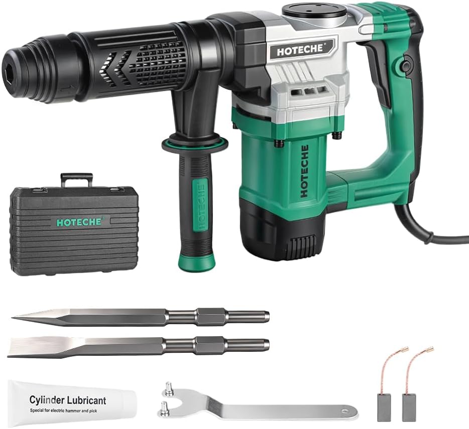 Hoteche 1050W Demolition Hammer, 15J Impact Force Jack Hammer with 4000/min Impact Frequency, Green, Color Box + Plastic Case Packaging