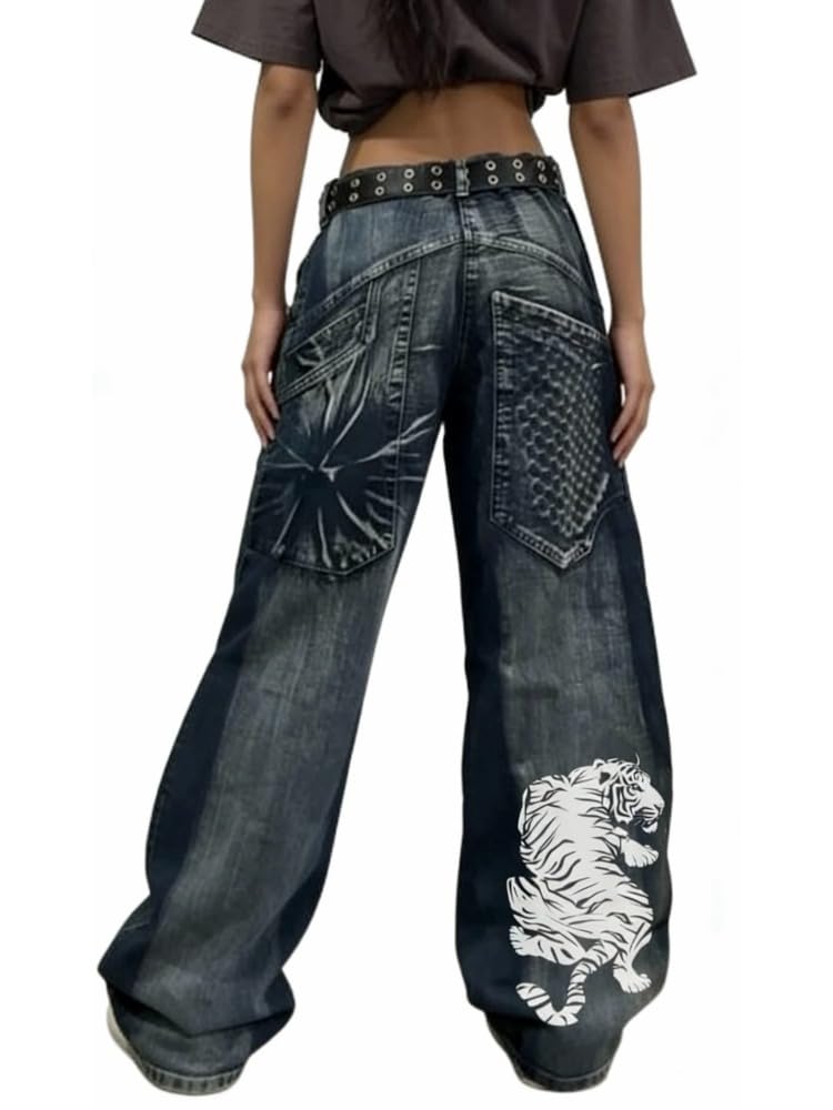 OATSBAS Y2K Hip-Hop-Jeans, Unisex, Gothic, lässig, locker, Oversize, Streetwear, Bedruckt, Buchstaben, Grafiken, Retro
