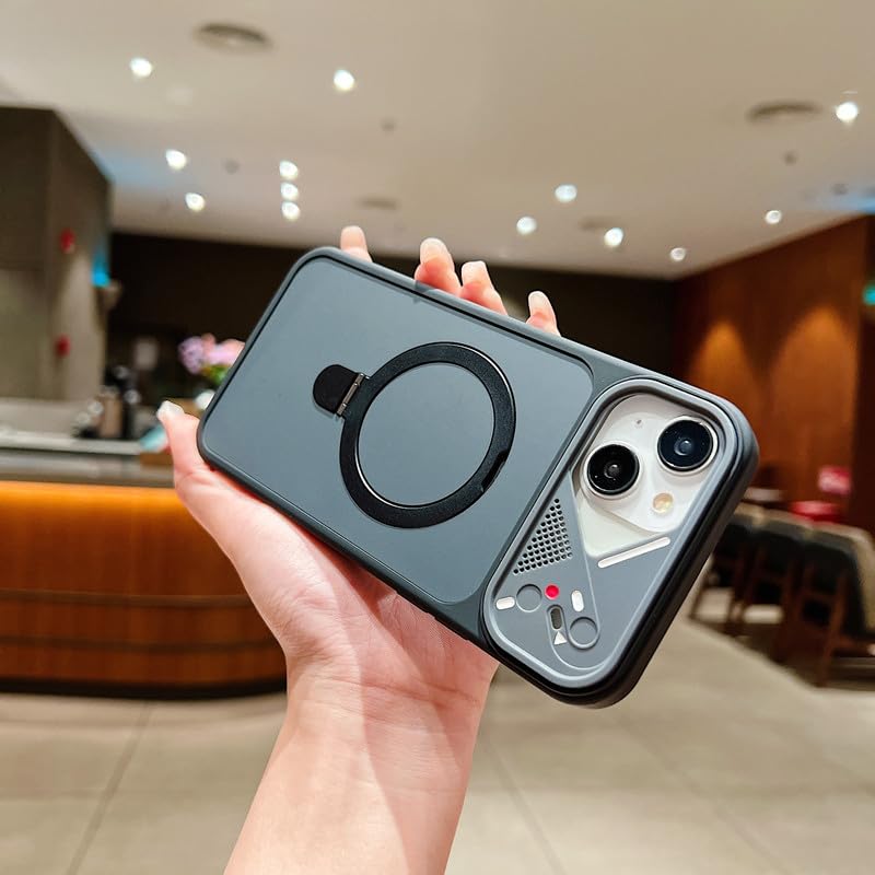 Image of LuxuryKase Magnetic Shockproof Case for iPhone 14 Plus | Foldable 110 Metal Ring Kickstand | Matte Finish | Futuristic Camera Shield Design | Slim Profile & MagSafe Compatible - Black