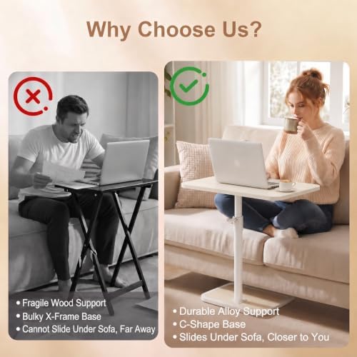 YUHFERA Large TV Tray Table Set of 2, C-Shaped Side Table with Adjustable Height & Rounded Corners, Snack Table for Couch, Bed or Recliner, for Laptop, Eating & Working, (Natural, 2pcs) - 4