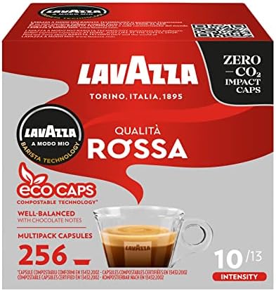 Lavazza A Modo Mio Qualità Rossa, Coffee Capsules, Arabica and Robusta, Full and Sustained Taste, Intensity 10/13, Medium Roasting, Compostable, 16 Packs of 16 Coffee Pods (256 Capsules)
