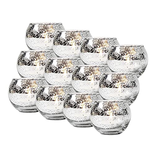 DINGWS 12PACK Candle Holders Mercury Glass Tealight Candle Holder Votive Candle Holders for Table Centerpiece, Wedding Decoration, Party and Home Decor (Silver)