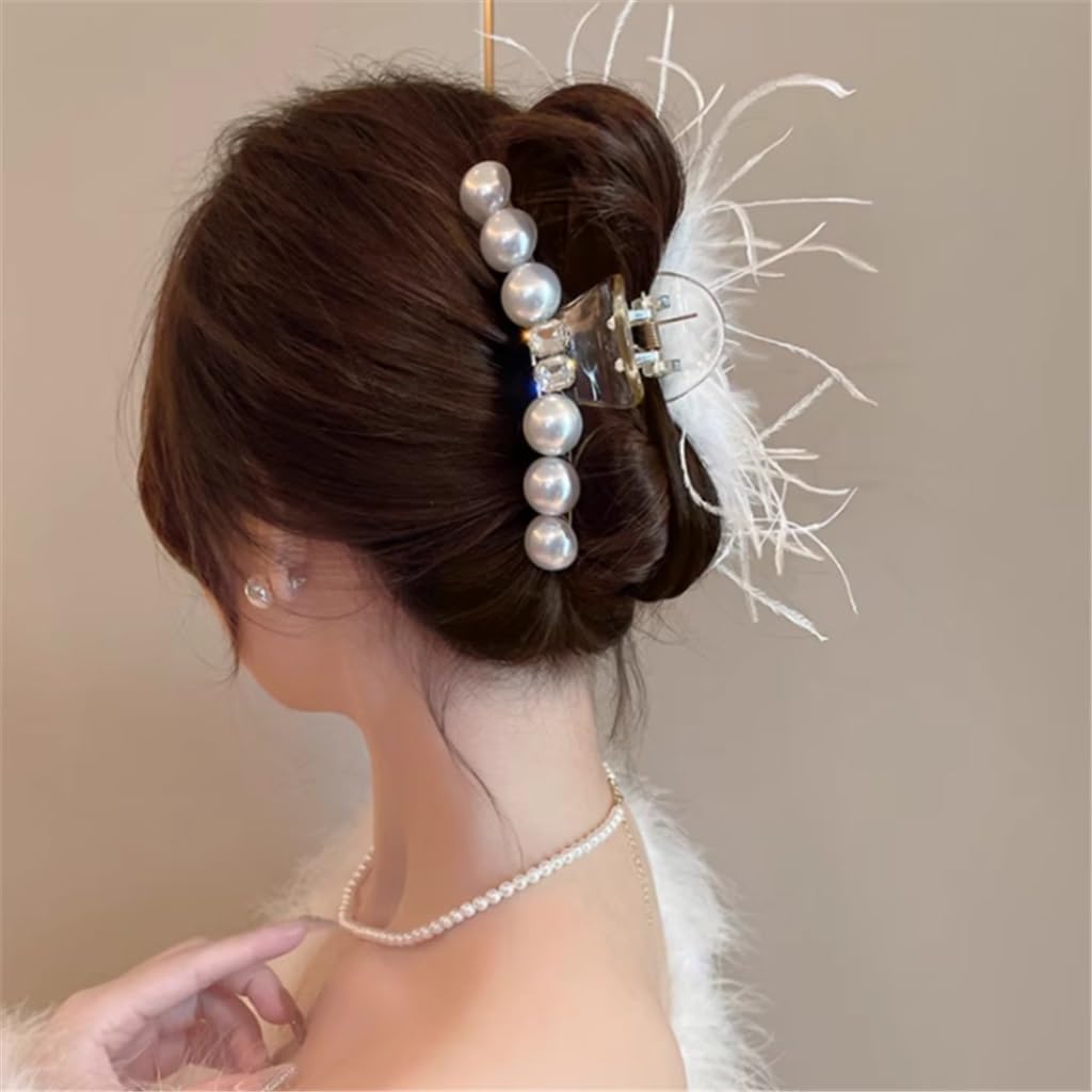 Pince à cheveux plumes autruche grand format avec perles pour chignon femme