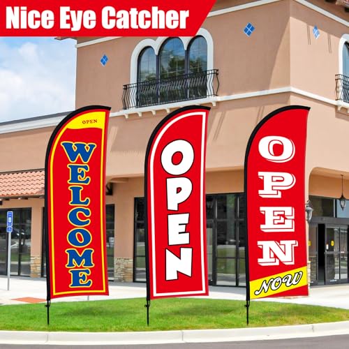Image of Buryeah 3 Sets Now Open Feather Flag Banner for Business Advertising 7 Feet Tall Grand Opening Feather Flag Sign with Fiberglass Pole Kit Rotating Ground Spike and Portable Bag(Red)