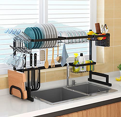 Abtropfgestell spüle Multifunktional, Küchen Organizer, Küchenutensilienhalter + Geschirrabtropfgestell + Schneidbretthalter + Becherhalter + Haken, Schwarz