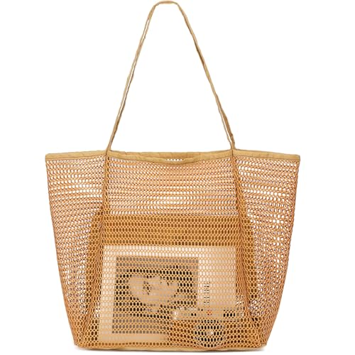 Fammart Mesh Beach Bag for Women, Summer Straw Tote Hobo Pool Bags with Zipper Pocket, Travel...