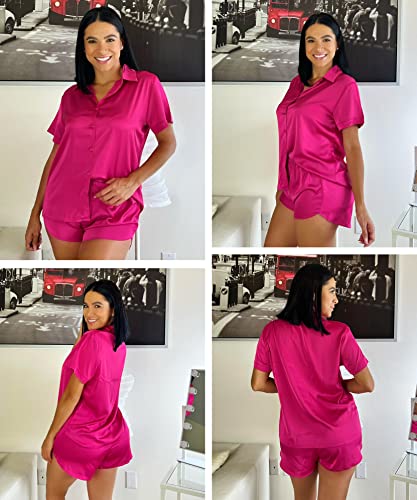 Ekouaer Women's Satin Pajamas Set Button Up Silky Sleepwear Classic Soft Nightwear Rose Red Medium #TOP4