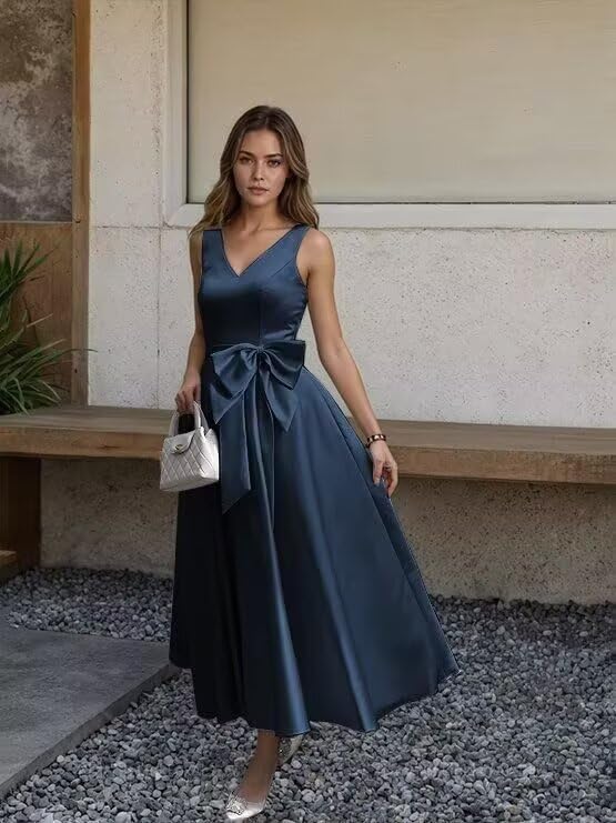 TIRAS Tea Length Mother of The Bride Dress with Pockets Satin V-Neck Sleeveless Formal Evening Dress with Bow CM4624