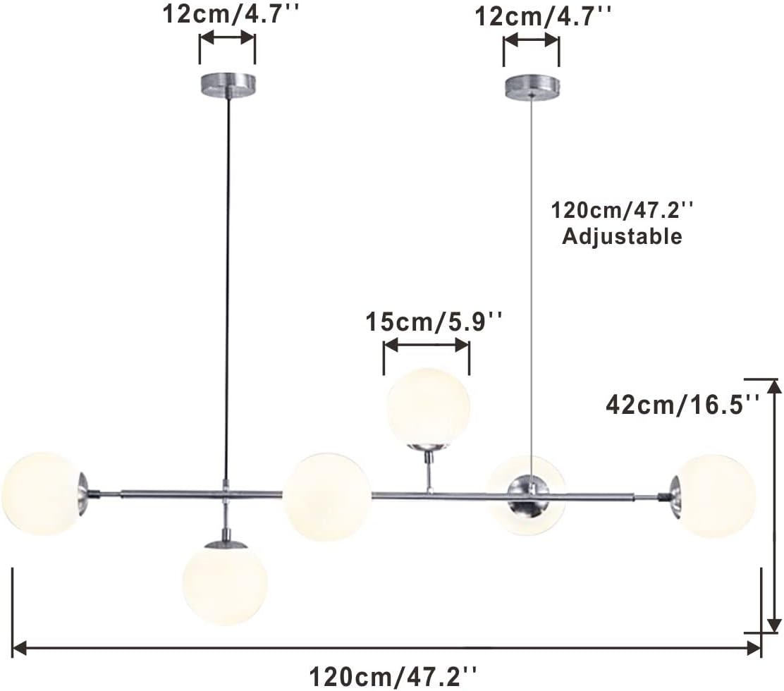 BOKT Modern 6-Light Ceiling Pendant Lighting Mid-Century Large Globes Sputnik Chandelier Brushed Nickel Milk Glass Globe Linear Pendant Light Dining Room Flush Mount Ceiling Lamp