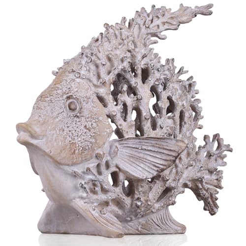 UANYEMON 9.84'' Ocean Coral Fish Sculpture - Resin Coastal Fish Figurine with Coral Backdrop, Ocean Blue & Sandy Beige Finish - Nautical Tabletop Accent for Living Room, Beach House & Bathroom Decor