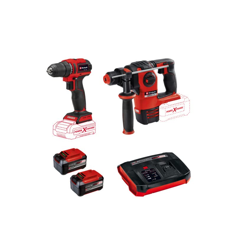 Pack EINHELL 18V Power X-Change - Bohrschrauber - Bohrhammer - 2 Batterien 5.2 Ah Twinpack - 1 Ladegerät Booster