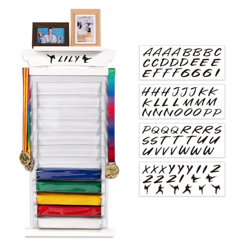 Tilhumt 12-belt karate belt display rack with photo shelf