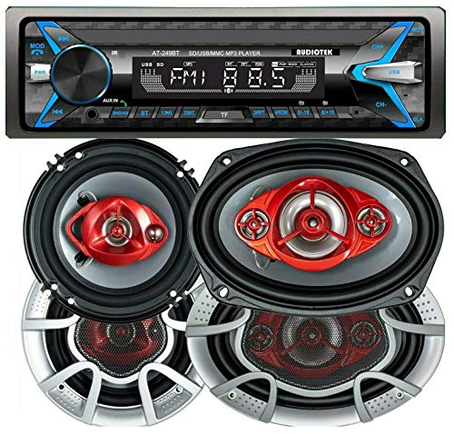 Reproductor Audiotek Single Din con Bluetooth y 2 pares de altavoces miniatura 1