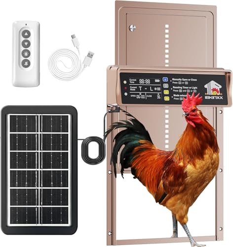 IBKINXX Automatic Chicken Coop Door Solar Powered LCD Display with Timer & Light Sensor 4 Modes Anti-Pinch & Weather Proof with Remote Control Gold Door for Chickens Ducks Geese Rabbits