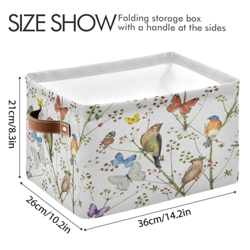 Image of Watercolor Bird Butterfly Storage Basket Bin for Shelves Closet Vintage Foldable Fabric Storage Box Cube with Handles Kids Gifts Toys Cloth Shelf Basket Organizer for Bedroom Nursery Home Decor