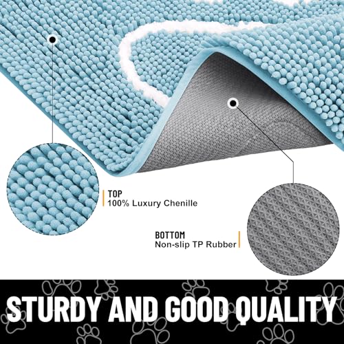 Image of Smiry Dog Door Mat for Muddy Paws, Absorbent Dirt Trapper Non Slip Quick Dry Washable Chenille Mat for Mud Dogs, Entry Rug for Indoor and Outdoor (48x30 Inches, Sky Blue and White)