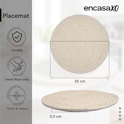 Image of Dining Table Mats Set of 2 | Cotton Table Mat 32 cm Diameter, Encasa XO Washable Round Table Mats, Heat Resistance Dining Table Placemats, Handmade Ribbed Style for Centre Table, Beige & Off White Mix