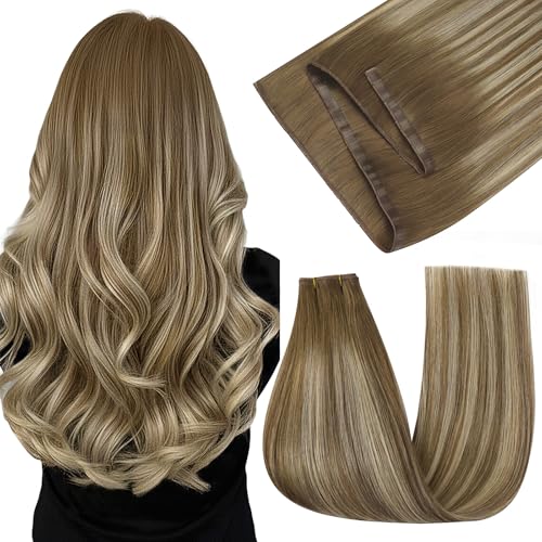 Image of Easyouth 100g 24 Inch Human Hair Butterfly Weft Extensions Balayage, Butterfly Weft Remy Hair Extensions Ombre, Medium Brown Balayage Blonde, Long Straight Hair, OVO Wefts Extension, Seamless Blend