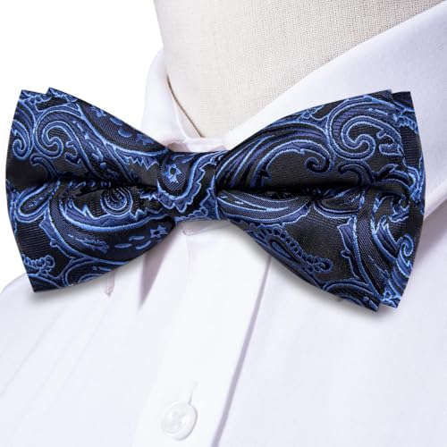 Image of Dubulle Navy Blue Mens Bowtie Paisley Striped Set Pre-tied Bowtie for Men and Pocket Square Wedding Business