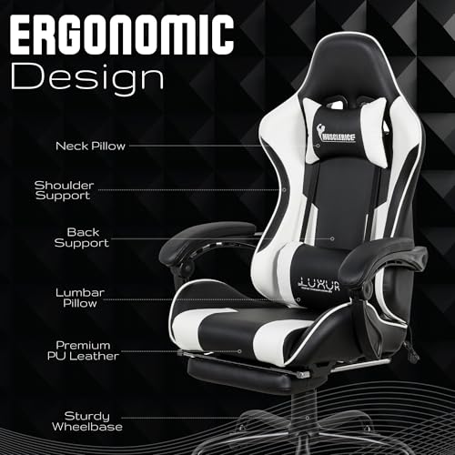 Image of Dr Luxur Musclerice Gaming Office Chair Ergonomic Lumbar Support, PU Leather High Back, Swivel Task Chair with Footrest, Removable Neck, Padded Linkage Arm Rest (Black)