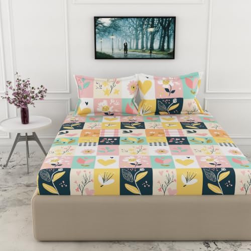 Image of LORETO - A QUALITY LINEN BRAND 186 TC 100% Pure Cotton Double /Queen Fitted Bedsheet with 2 Pillow Covers for 78 x 60 Inch Mattress, All-Around Elastic, 8 Inch Deep Pocket, Pastel Garden