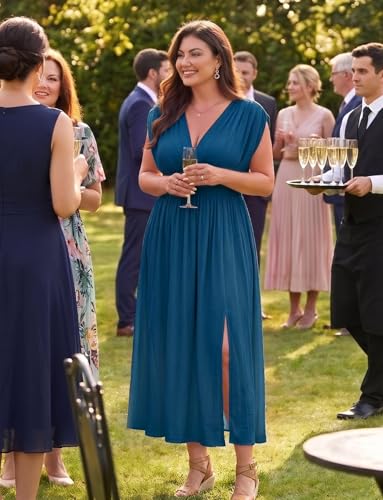 baronshion Womens Plus Size Dresses Short Sleeve V Neck Casual Dress Elastic Waist Flowy A Line Long Maxi Dresses Blue — view 6