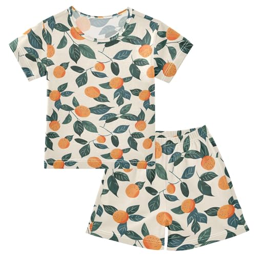 ALAZA Orange Green Leaves Pajamas Short Sleeve 2 Piece Sleepwear Top and Bottom Pajama Set Unisex