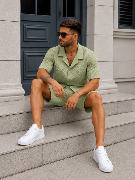 Image of Zilcon Men's Textured Co-Ord Set | Half Sleeve Cuban Collar Shirt & Shorts | Casual Summer Lounge Wear | Premium Matching Outfit