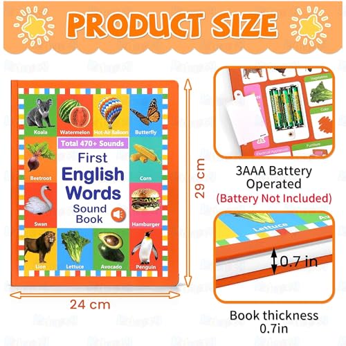Image of Kidology My First English Words Sound Book for Kids | 470+ Words Interactive Talking & Musical Learning Book with 21 Topics, Built-in Quiz, Nursery Rhymes & Piano | Educational Audio Toy Age 3+
