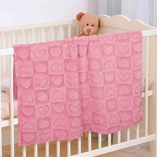 Plush Soft with Heart Checkered Baby Blanket,Fleece Infant Toddler Blankets for Girls Boys,Warm Lightweight Breathable Newborn Receiving Blankets for Crib Stroller 30\"×39\" (deep Pink, Heart) - Thumbnail 6