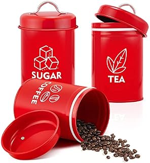 Joyfair Tea Coffee Sugar Canisters, 3 Pack of Metal Food Storage Jar with Air Tight Lid, Round Food Canisters Great for Storing Beans, Nuts, Candies, Cookies, Ideal for Kitchen/Office/Camping, Red