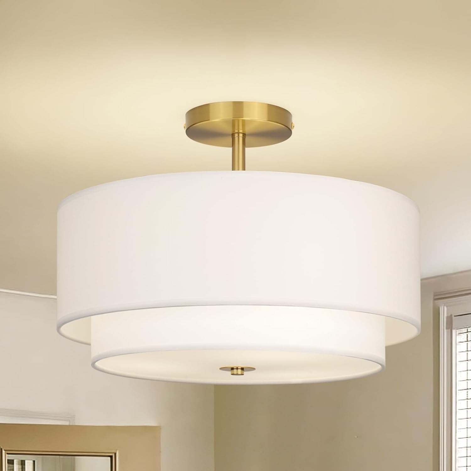 16" Dual Drum Gold 3-Light Semi Flush Mount Ceiling Light, Classic White Fabric Linen Shade Design for Living Room, Bedroom, Kitchen, Dining Room, Hallway and Entryway
