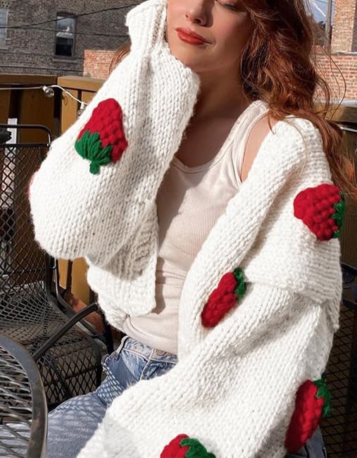 UAURORAO Women Oversized Cute Cardigan Fruit Embroidered Cropped Sweater Coat Button Chunky Knit Aesthetic Cardigans4